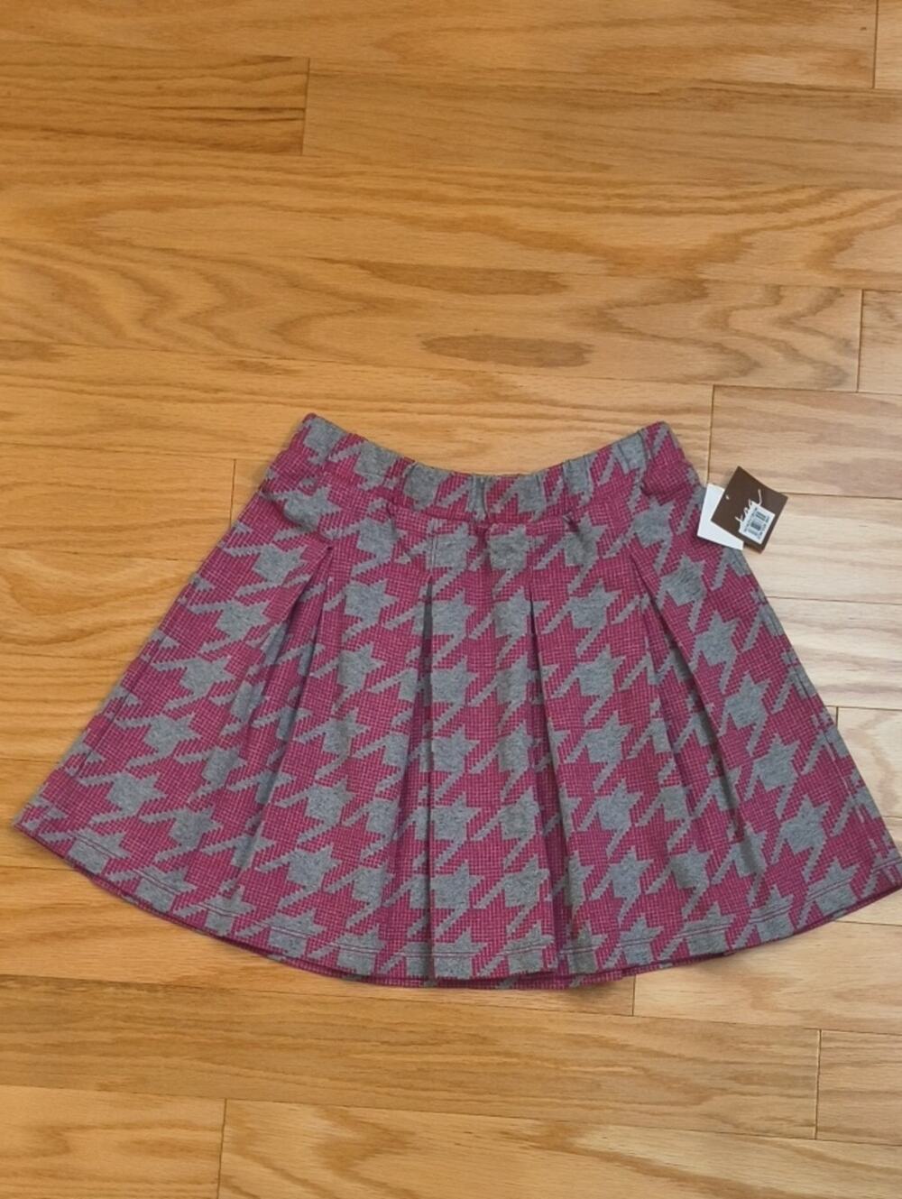 Tea Collection Pink & Gray Houndstooth Pleated Skirt Size 7 NWT